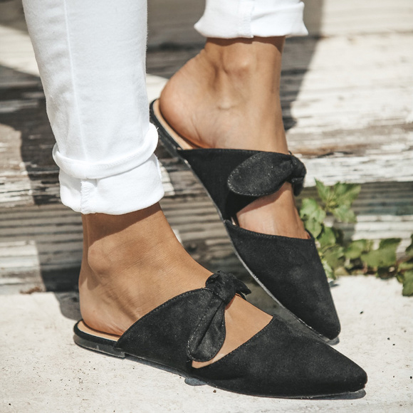 Black Suede Bow Slide Flats - Picture 3 of 4
